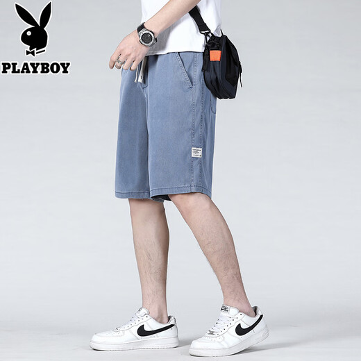 
Playboy Summer Thin Tennis Denim Shorts Men's Loose Straight Cropped Pants Ice Silk Sports Beach Pants 1049 Blue XL