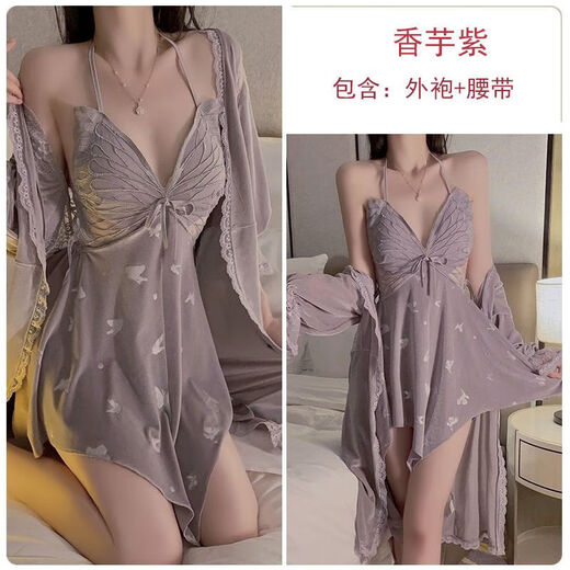 Lackiertes Kissenschlafen (Huazhenmian) Kleid mit rosigem samtigem gedrucktem Schmetterling Deep V Verwirrung und gepolstertem Gefühl Nachthemd mit Halsrobe und Heimkleidung 4102 3879 Taro Purple (Außengewand + Gürtel) All Size