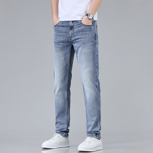 Lilang Hong Kong High-End Hellblau Han Seidenjeans Herren schlanker gerade Stretchhose 2025 Sommer Dünn 1048 Hellblaue Hosen* dünn 30