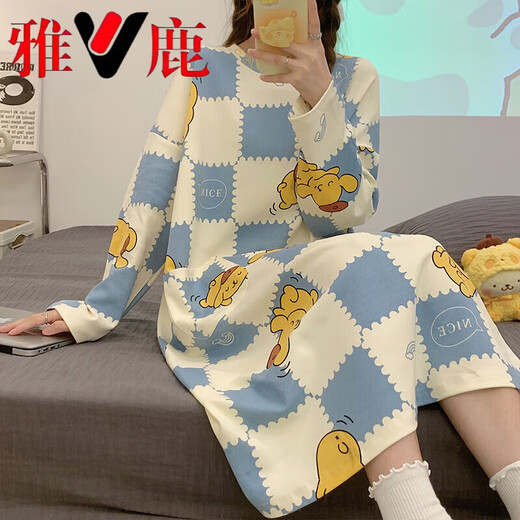 雅鹿带胸垫睡裙女纯棉长袖可爱公主风网红大码睡衣宽松2025新款春秋季 CK-16857 M 【带胸垫可拆卸】