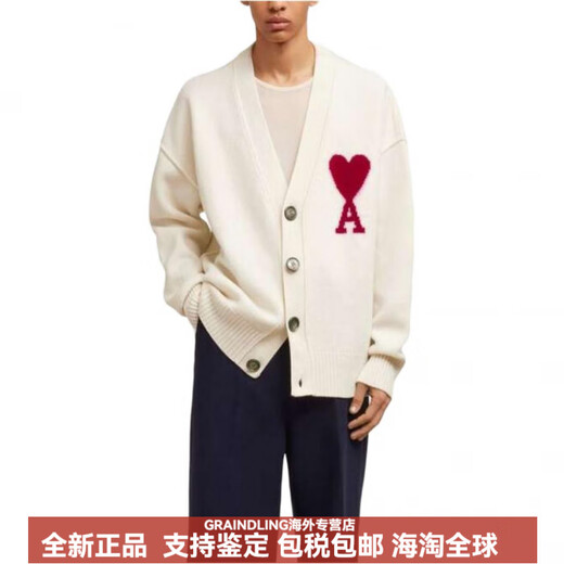 AMIPARISFW23经典爱心字母V领长袖针织开衫男女同款毛衣白色 米色 XL