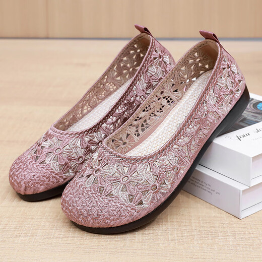 Junruisi 2025 Neuer Sommer Hollow Old Pejing Stoffschuhe für Frauen runden Zehen bestickte Schuhe flacher Sohle rein handgefertigt mittleren und älteren Pink 34