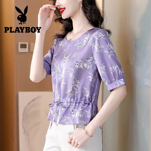 Playboy (PLAYBOY) heavy silk shirt for women in summer new style, age-reducing and slimming belly printing short-sleeved mulberry silk shirt color 9855# L 105-115Jin[Jin equals 0.5 kg]