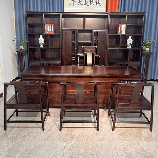 All solid wood desk and bookcase combination rosewood executive desk new Chinese style boss desk and chair office furniture desk black gold 2 meter desk