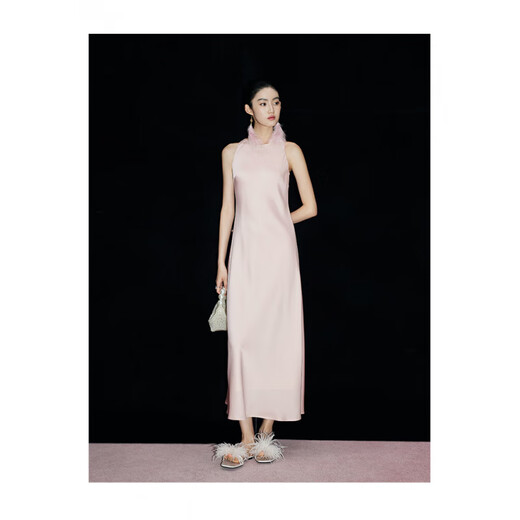 Mandy Zhang Ou Ruofeng hellrosa sanftes Acetatkleid für Frauen weiches satin diagonal geschnitten einfaches elegantes Kleid langer Rock Tianzhu Pink L