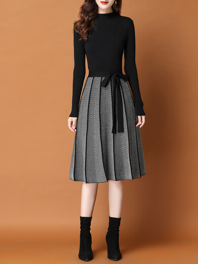 TJQ ​​Robe tricotée de marque haut de gamme de luxe pour femmes 2025 Nouveau style moyen à la mode avec une jupe de manteau noir S