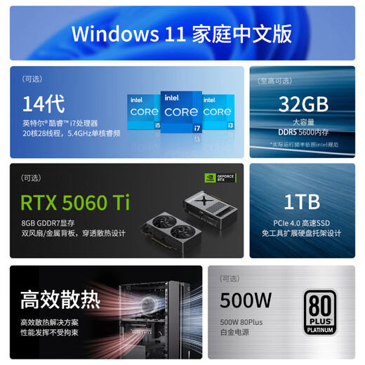 联想（Lenovo）GeekPro设计师游戏台式电脑主机(酷睿i7-14700 RTX5060Ti 8GB显卡 32G DDR5 1TB SSD）国家补贴