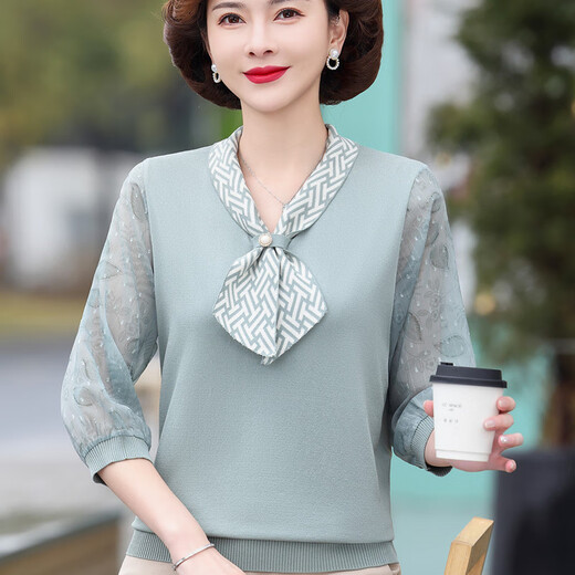 花花公子新款妈妈春装洋气纱袖针织恤薄款打底衫 蓝色6636 4XL (建议155-170斤)