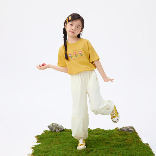 茵曼童装女童休闲裤郁金香章仔25夏季儿童中大童宽松透气蓬蓬裤 杏色 150