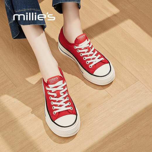 妙丽（Millies）网面鞋女透气百搭休闲板鞋女夏季薄款帆布鞋小白鞋女鞋 红色 36