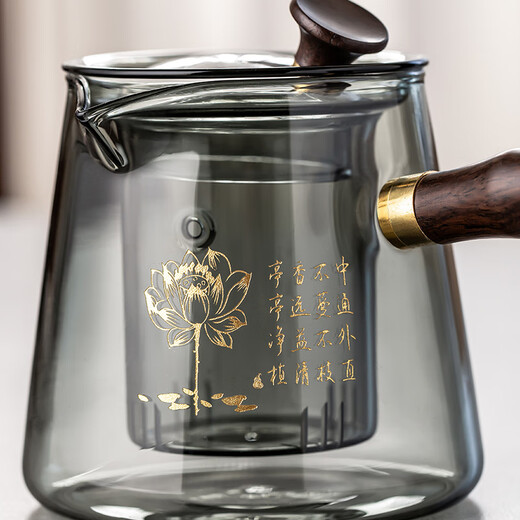 Porcelain brand tea set, carved glass teapot, tea set, household anti-scalding wooden handle tea kettle, high-end Kung Fu tea set, gray bamboo carved teapot, 8-piece set with handle and cup + tea tray