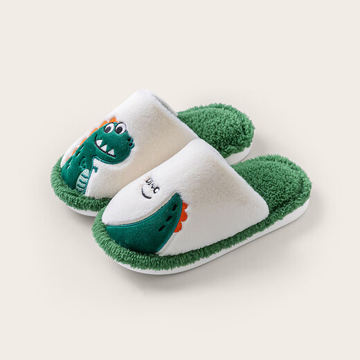 Pig Daddy's Family of Three Parent-child Cotton Slippers Children's Autumn and Winter Home Indoor Non-Slip Boys and Girls 2025 New Furry Slippers Green Dinosaur 21 Inner Length 19CM Suitable for Foot Length 18CM