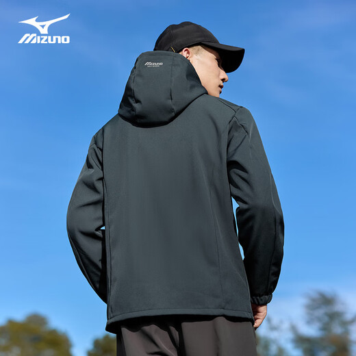 Mizuno Outdoor Soft Shell Jacket Men's Velvet Hooded Mountaineering Casual Windproof and Waterproof Versatile Top Jacket Dark Gray L