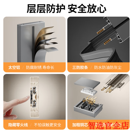Xiaomi Youpin track socket German quality electrician movable track socket surface mounted power sliding guide rail power living room black 50cm track (five holes-with light*4)
