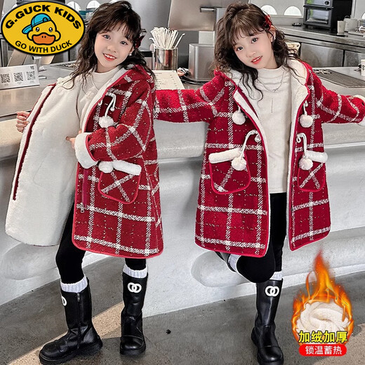 G.DUCKKIDS Koreanische Version 2025 neue Mädchen Winterkleidung verdickter Samt Wollsamtmantel mittellanger karierter Mantel im koreanischen Stil schwarz 170 cm