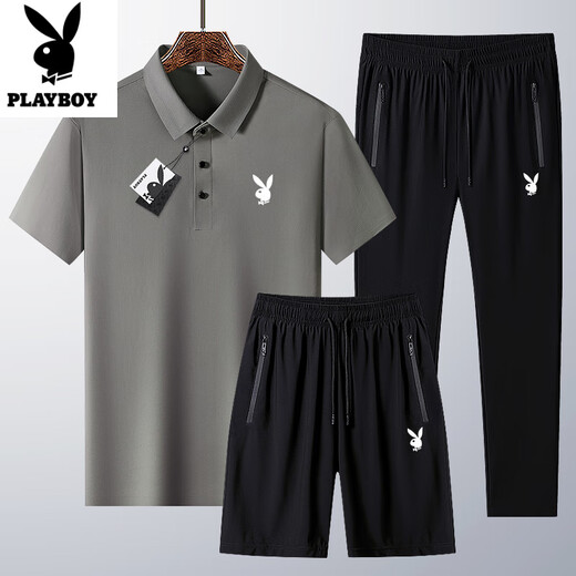 花花公子（PLAYBOY）中青年运动套装男2025夏季新款爸爸短袖t恤冰丝休闲三件套短袖男 6629#深灰【短袖+短裤】 XL 穿130-145斤