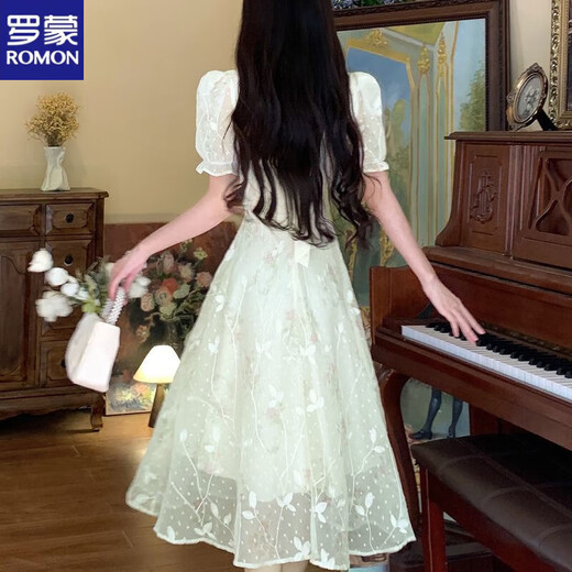 
ROMON French temperament square collar large size dress for women in summer 2025 new high-end style waist-hugging and slimming first love long skirt. Rattan flower light green [version good droop] L [105-115Jin [Jin equals about 0.5 kg]]