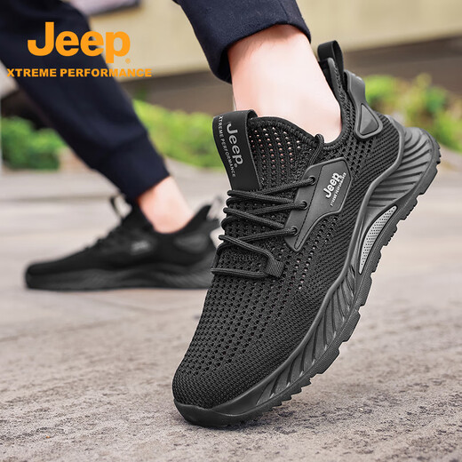 Jeep men's shoes breathable mesh shoes lightweight and anti-odorless hollow outdoor soft sole casual sneakers anti-slip black_XH-P520912041 39 _[Sports code]
