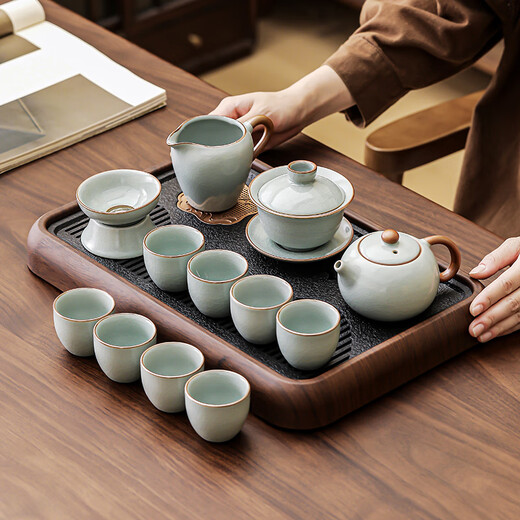 Bowei (BW) sky blue Ru kiln tea set household kung fu tea set complete set can grow gold silk cicada wings pattern happy green with mountain view