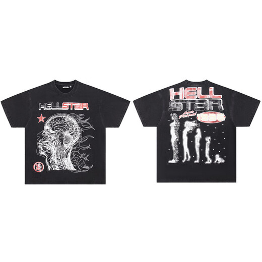 WALKING BEAUTY跨境批发美潮Hell地狱之星T-Shirt印花纯棉男女夏季宽松短袖T恤 691洗水黑 S