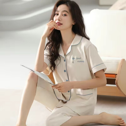 雅鹿夏季棉质睡衣女短袖七分裤大码开衫中青年女士套装外穿家居服夏 n9898 M 80-100