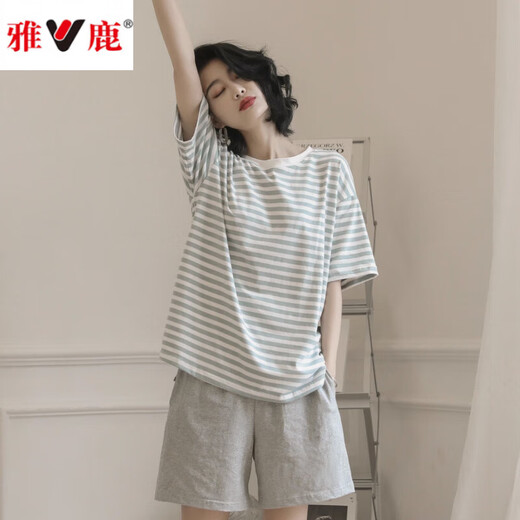 雅鹿2025年新款睡衣女夏季纯.棉短袖两件套夏天家居服 YZ9848黑条纹 M 女款 建议80-100斤
