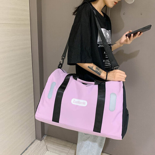 布潮喵旅行袋带独立鞋仓的手提包女韩版大容量单肩包潮男出行旅行包斜挎 粉色[尼龙布]