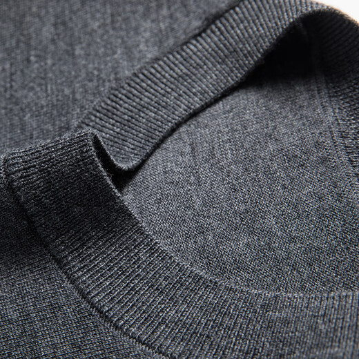 恒源祥100%精纺羊毛衫男可机洗 秋冬套头薄款毛衣男士圆领针织衫商务休闲纯色全羊毛衣服 20007001 黑灰 175 