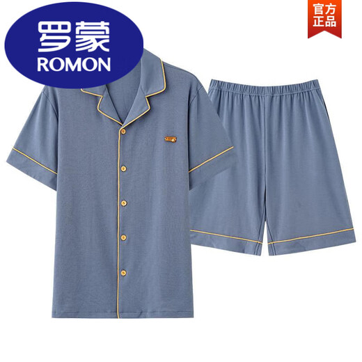 罗蒙（ROMON）睡衣男士夏季纯棉短袖短裤开衫薄款大码纯色休闲家居服套装夏季男 宝蓝色12805【100%纯棉】 L 【建议100-120斤穿】