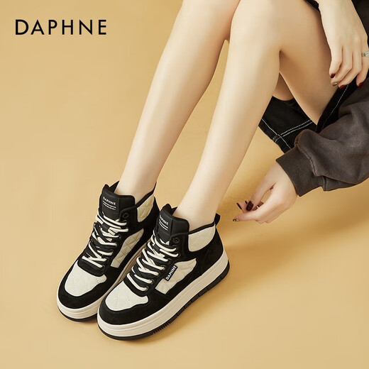 达芙妮（DAPHNE）厚底高帮老爹鞋女新款女鞋春秋款百搭学生休闲运动熊猫板鞋 黑色 单层 跟高4.5cm 38 (240mm)