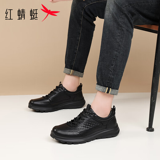 Red Dragonfly Men's Shoes Autumn Cowhide Soft Sole Running Shoes Men's Wear-Resistant Business Light Casual Shoes EXA350361 Black 39