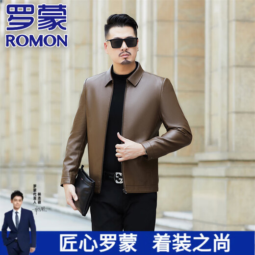 罗蒙（ROMON）海宁真皮皮衣男士外套秋冬新款绵羊皮夹克男士休闲翻领中年皮外套 黑色   薄款 2XL 185 150-165斤