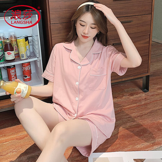 Langsha Light Luxury 2025 Neue Pyjama für Frauen im Sommer Reine Baumwoll-Kurzärmel-Shorts für Sommermädchen Sommer Frauen zu Hause 12347 mit Brustpolster M 80-100