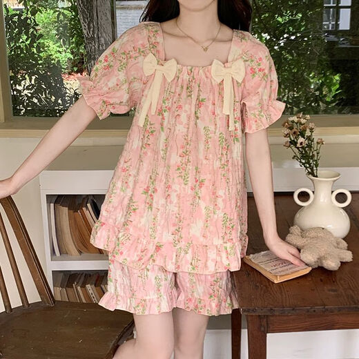 Bei Yifu Pajamas с грудной подушкой для женщин для летних шорт, облачный хлопковый интернет-знаменитость тонкая милая сладкая мультипликационная одежда набор домашней одежды ZZ9902-2# Little Red Flower m