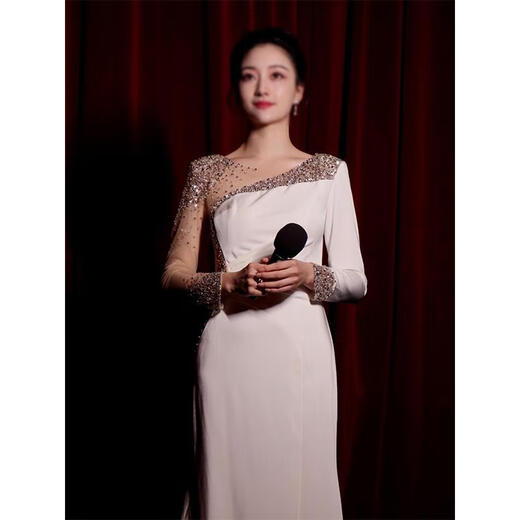 Wutuo host competition clothing ink white dress 2025 new dignified and atmospheric student art test vocal music simple unique white L