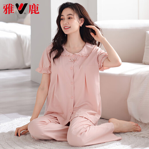 雅鹿高档新款睡衣女士夏季带胸垫一体纯棉短袖长裤家居服春秋薄款套装 LSF-693嫩绿 M 160体重85-105斤