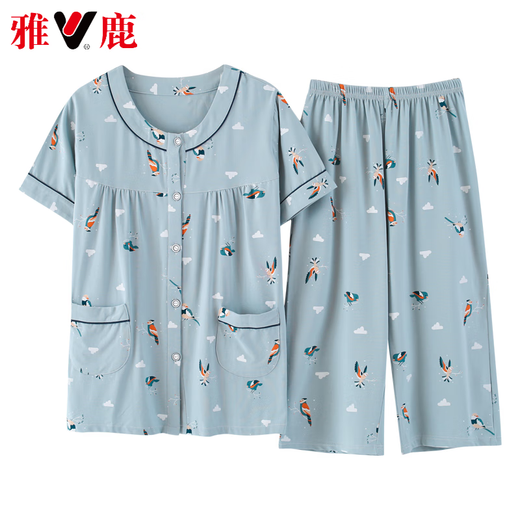 
Yalu high-end mother pajamas for women in summer pure cotton short-sleeved cropped pants thin cotton middle-aged and elderly people can wear it outside 6626 2XL [140-160Jin[Jin equals 0.5 kg]]