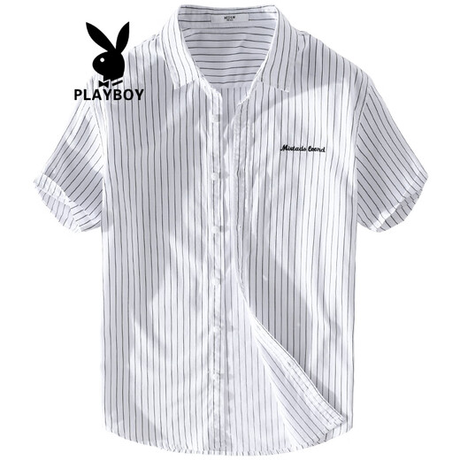 花花公子（PLAYBOY）夏季纯棉日系新款休闲短袖衬衫条纹免烫帅气男士衬衣服 9738浅蓝条纹 XL 130斤左右