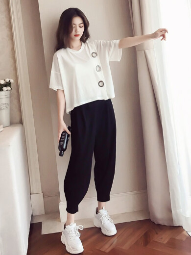 Wahre Broadfather Fette Schwester großer Größe Frauen Mode Slim Anzug Anzug Sommer großer Frauenfett mm Harem Hosen Set 2025 Frühlings- und Sommerschwarz 9928 m Empfohlen 80-100 All Size