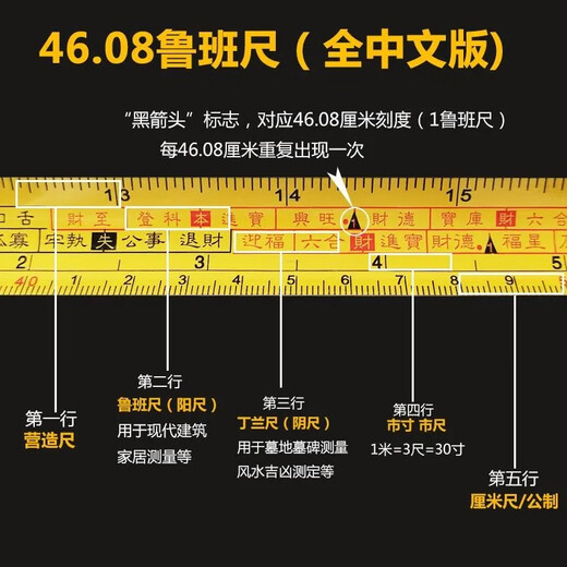 46.08 Forbidden City Collection Authentic Traditional Guru Ban Ruler Self-locking Old Model Yin Yang Ruler 4608 Light Feng Shui Ruler 46.08 Forbidden City Version Lu Ban Ruler 5 Meters Chinese Version Self-locking Authentic Traditional Guru Ban Ruler Recommended by Feng Shui Masters