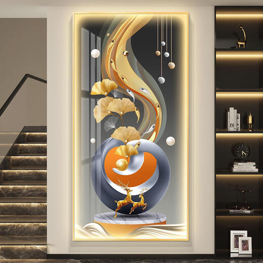 语森忆鸿运当头轻奢led带灯入户玄关装饰画走廊过道挂画简约现代感 CN-6296-鸿运当头 60*120尊贵黑色边框智能直插led