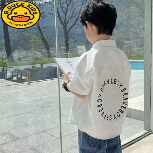G.duck children's clothing boys white short-sleeved shirt 2026 new style children's solid color shirt baby summer top trendy white 140