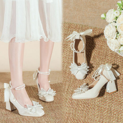 Yalso children's high heels 10-15 years old performance Hanfu shoes children's costume girls princess shoes catwalk leather shoes ribbon bow 8cm heel high standard size 33