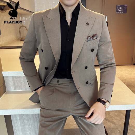 Playboy (PLAYBOY) double-breasted suit men's suit business casual high-end formal suit British slim groom wedding suit three-piece medium gray suit + trousers + vest XL (125-140Jin Jin equals 0.5 kg)