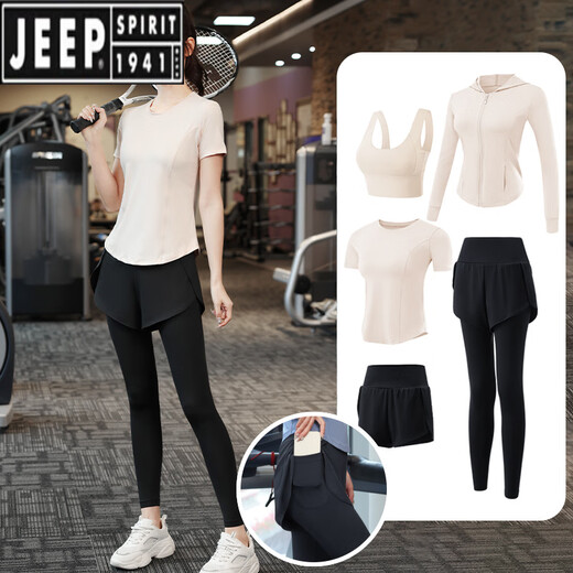 JEEP SPIRIT running sports suit for women yoga suit morning jogging suit fitness suit 2025 new spring and summer quick drying blue [short sleeves] three-piece set (black pants) M