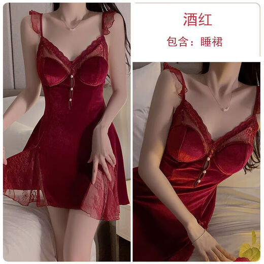 画枕眠（HUAZHENMIAN）连衣裙瑰若感蕾丝透视深V加垫甜美惑睡裙外袍丝绒家居服装3908 3879黑色（外袍+腰带）+睡裙 M