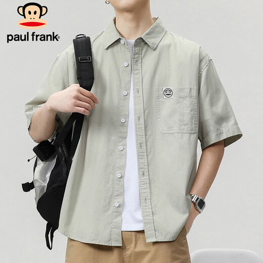 大嘴猴（paul frank）短袖衬衫男夏季宽松纯棉工装衬衣男士外套短袖男装 浅绿色 XL 