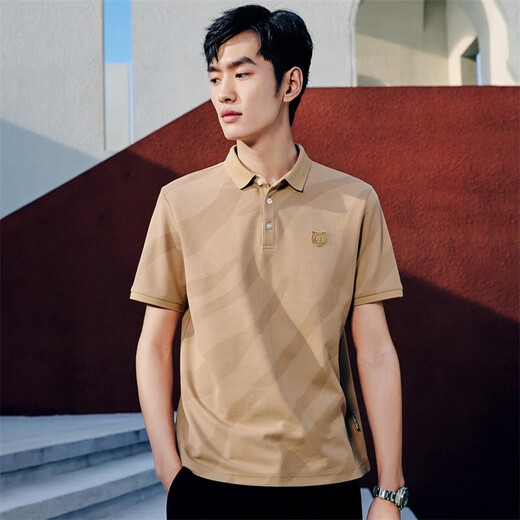 与狼共舞POLO衫男夏季简约休闲冰丝老虎满印短袖polo上衣男 701卡其 L 175/92A
