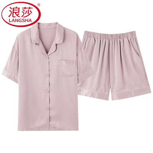 浪莎（LangSha）轻奢高端睡衣女士夏季薄款冰丝短袖短裤开衫简约家居服仿真套装 F-16802 M