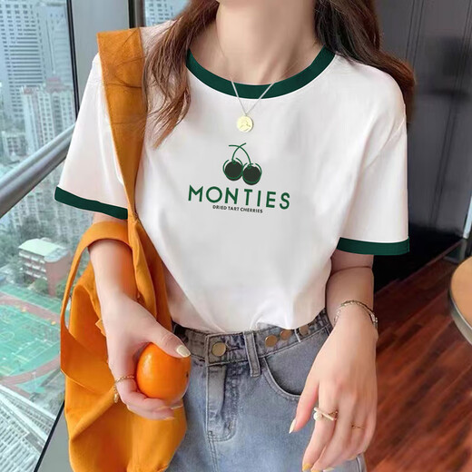 Trendy T-shirts for women's T-shirts for summer 2025 new contrasting T-shirts for women short-sleeved versatile trendy loose slimming cotton on kc693 blue collar S